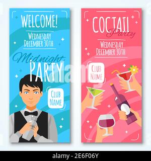 Flat cocktail invitations to midnight party with barmen and hands with wineglasses and bottle in retro style vector illustration Stock Vector