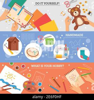 Hobby and handmade process horizontal banners with birdhouse sewing machine stuffed toy children drawings icons flat vector illustration Stock Vector