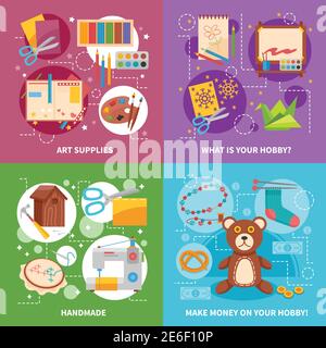 Hobby 2x2 design concept with handicraft items art supplies soft toy and tools for handmade flat vector illustration Stock Vector