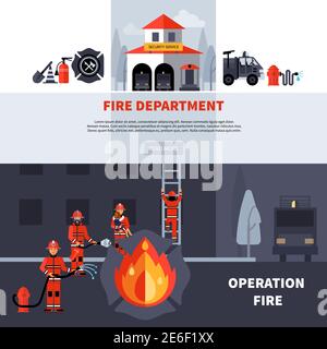 Fire department and extinguishing fire banners with fire station building and fireman brigade with extinguishers flat vector illustration Stock Vector