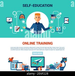 online education horizontal banner set with young man computer self education and online training icons vector illustration Stock Vector