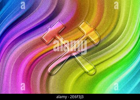 Hammer and pick Symbol, Mining Sign, rainbow glitter background Stock Photo