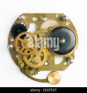 Close up view of brass gears from old mechanism Stock Photo
