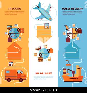 Logistics and delivery vertical banners set with air cargo maritime ...