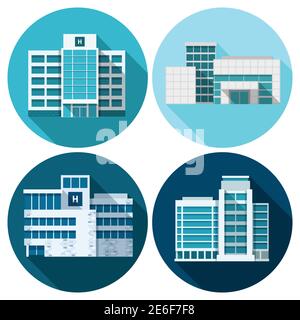 Hospital and medical first care building flat icons set isolated vector illustration Stock Vector