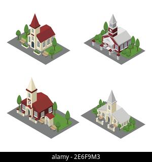Church 3d building and isometric cathedrals and chapels isolated vector illustration Stock Vector
