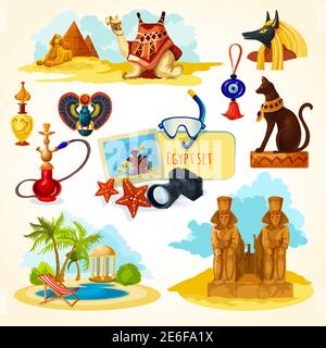 Egypt touristic set with cartoon travel attractions isolated vector illustration Stock Vector