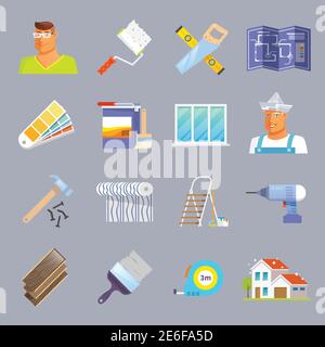 House renovation and maintenance flat icons set isolated vector illustration Stock Vector