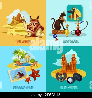 Egypt touristic set with cartoon desert and beach adventures icons isolated vector illustration Stock Vector