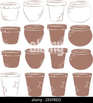 Vector set of old clay pots for flowers. Isolated objects. Stock Vector