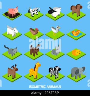 Isometric animals set with 3d hamster pig sheep and rabbit isometric vector illustration Stock Vector