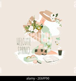 Cartoon beautiful girl holding bouquet of flowers Stock Vector
