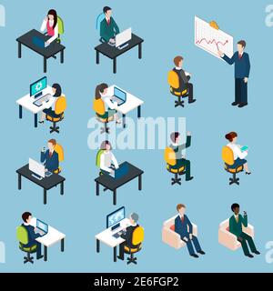 Business team members at work analyzing sharing presenting and collaborating  isometric pictograms set abstract isolated vector illustration Stock Vector
