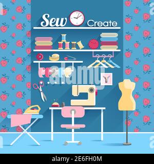 Every woman dream sewing room for self made wardrobe with sewing machine and mannequin abstract vector illustration Stock Vector