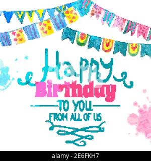 Happy birthday greeting card with water color flag garland vector illustration Stock Vector