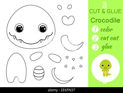 Coloring book cut and glue baby crocodile. Educational paper game for preschool children. Cut and Paste Worksheet. Color, cut parts and glue on paper. Stock Vector