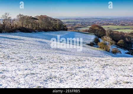 Snow covered fields in Kent looking towards Dymchurch Stock Photo