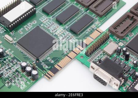 Two graphic cards closeup for personal computer. Isolated on the white background. Retro technology. Stock Photo