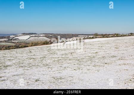 Snow covered fields in Kent, taken from Stone Street Stock Photo