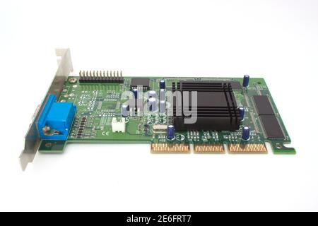 Graphic card for personal computer. Isolated on the white background. Closeup. Retro technology. Stock Photo