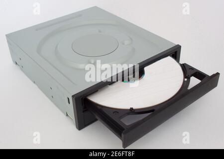 Opened CD - DVD drive with a black cap and disk inside. Isolatedon on a white background. Stock Photo