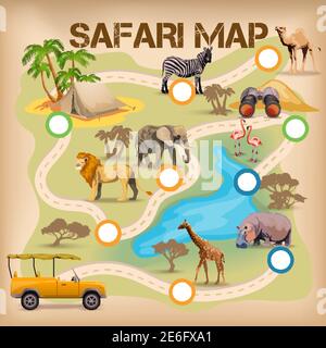 Poster for game with safari map and africa animal icons  isolated vector illustration Stock Vector