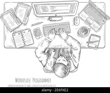 Programmer work place with man at the table top view sketch vector illustration Stock Vector