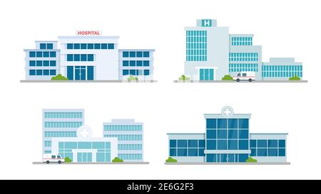 Hospital building medical office vector illustration set. Cartoon modern medicine clinic skyscrapers collection, outdoor facade hospital exterior with Stock Vector