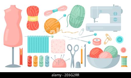 Needlework sewing tailoring tools. Cartoon tailor accessories to knit and sew collection with knitting needles scissors yarn sewing machine buttons Stock Vector