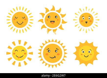 Cartoon sun emoticon characters collection, sunny faces with happy emotions and fun positive smile, funny summer sunshine baby emoji. Cute sun vector Stock Vector
