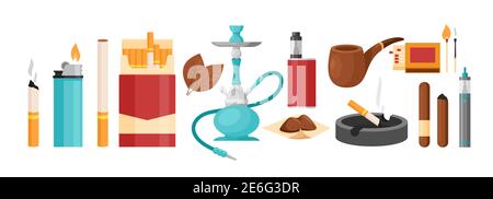 smoker addict collection with nicotine cigarette in pack box or ashtray, cigar lighter hookah vape and tobacco leaves. Smoking tobacco addiction set. Stock Vector