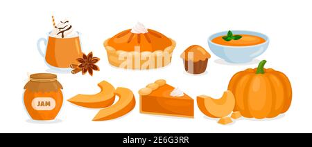 Pumpkin food menu. Cartoon raw and cooked pumpkin dishes collection with vegetable slices and soup, cream pie, jam, hot sweet drink with cinnamon and Stock Vector