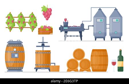 Wine production process in winery factory manufacture vector illustration set. Cartoon processing line with growing grapes, fermentation machine Stock Vector