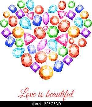 Colorful gemstones in heart shape with love is beautiful lettering vector illustration Stock Vector