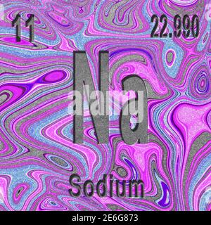 Sodium chemical element, Sign with atomic number and atomic weight, purple background, Periodic Table Element Stock Photo