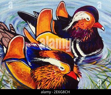 Art ,painting ,Acrylic, color, Mandarin duck Stock Photo