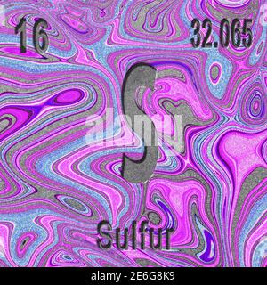 Sulfur chemical element, Sign with atomic number and atomic weight, purple background, Periodic Table Element Stock Photo