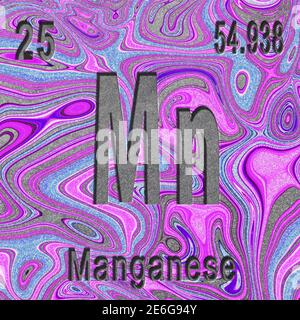 Manganese chemical element, Sign with atomic number and atomic weight, purple background, Periodic Table Element Stock Photo
