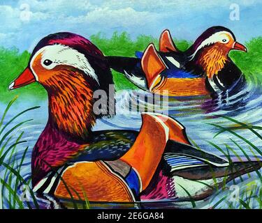 Art ,painting ,Acrylic, color, Mandarin duck Stock Photo
