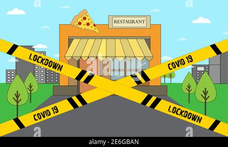 Closed Restaurant, Lockdown and Covid-19 title. Vector Illustration. Stock Vector
