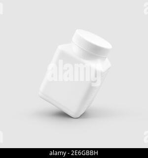 Template of a white square jar with lid, ribbed side, for pills, tablets, container isolated on background. Matte plastic bottle mockup for design pre Stock Photo