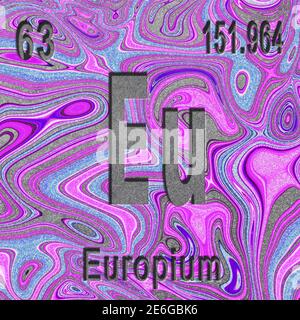 Europium chemical element, Sign with atomic number and atomic weight, purple background, Periodic Table Element Stock Photo