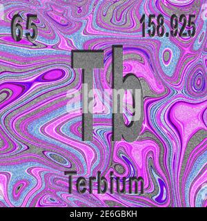 Terbium chemical element, Sign with atomic number and atomic weight, purple background, Periodic Table Element Stock Photo