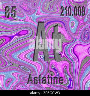 Astatine chemical element, Sign with atomic number and atomic weight, purple background, Periodic Table Element Stock Photo