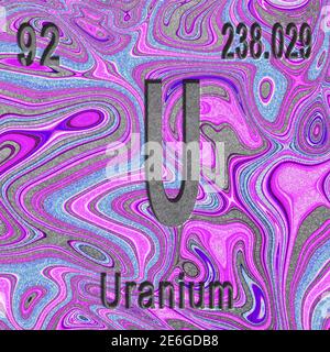 Uranium chemical element, Sign with atomic number and atomic weight, purple background, Periodic Table Element Stock Photo