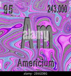Americium chemical element, Sign with atomic number and atomic weight, purple background, Periodic Table Element Stock Photo