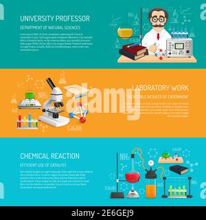 Science banner horizontal set with university professor and laboratory work realistic elements isolated vector illustration Stock Vector