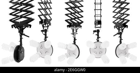 4 lightbulbs in lamp holder on ceiling pantograph isolated on white background Stock Photo