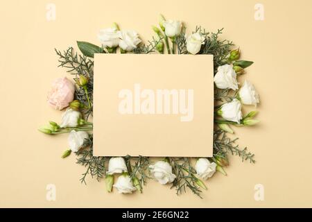 Roses, thuja branches and space for text on beige background Stock Photo