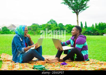 young black couples sitting down in a park, using their laptops to surf the internet Stock Photo